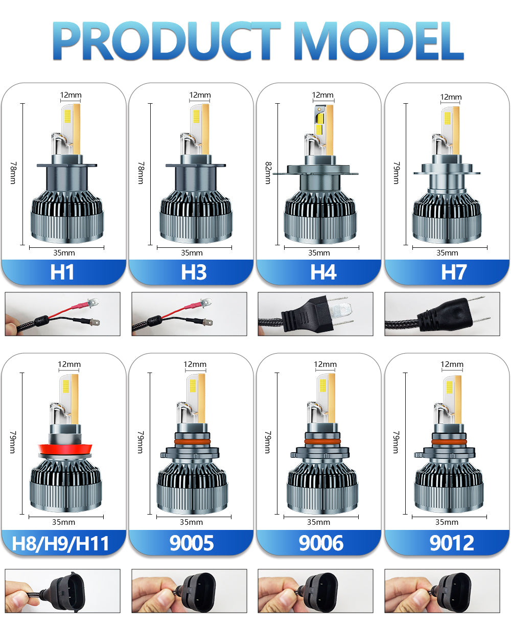 M70 LED headlight Bulb H1/H3/H4/H7/H11/9005/9006 40000LM Super Bright  300W 6000K White Light, 12-24V Plug and Play 2-Pack